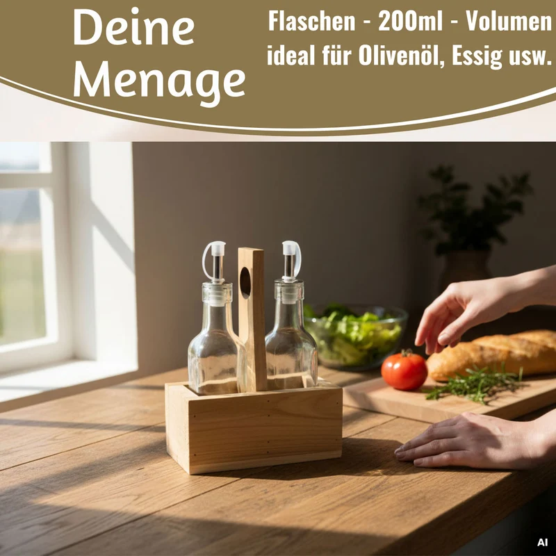 Holz Menage Essig- und Ölspender Set 2x Ölflasche Ausgießer Olivenöl Vinaigrette