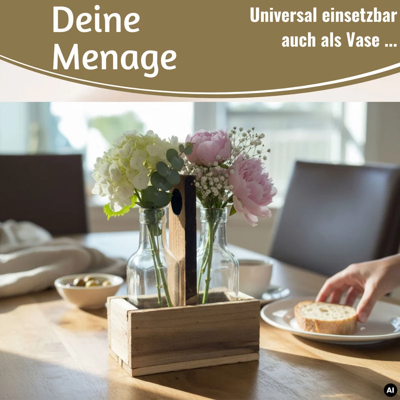 Holz Menage Essig- und Ölspender Set 2x Ölflasche Ausgießer Olivenöl Vinaigrette