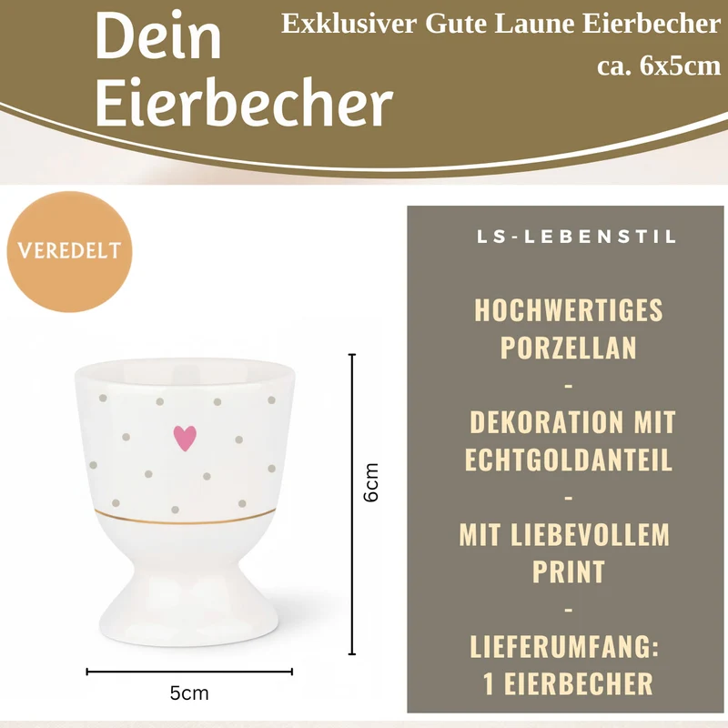 Eierbecher Echt-Gold Motiv "Herz mit Punkten" Gute Laune Eierhalter