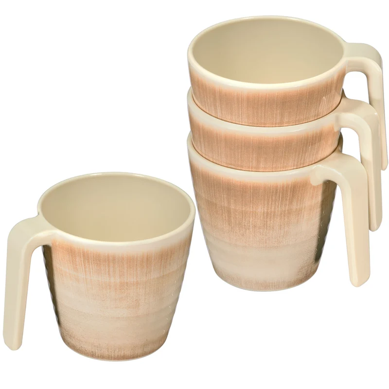 Melamin 4 Tassen 350 ml ideal für Camping - Jesolo Sand - Stapelbar - Steingutoptik Trinkbecher Kaffeetasse Kaffeebecher