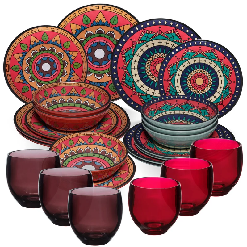 Melamin Geschirr Set Toskana Deep für 6 Personen - 24 Teile Rot-Grün - Mandala-Optik mit farblich passenden Trinkgläsern 400 ml Campinggeschirr