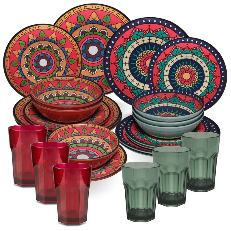 Melamin Geschirr Set Toskana Deep für 6 Personen - 24 Teile Rot-Grün - Mandala-Optik mit farblich passenden Trinkgläsern 400 ml Campinggeschirr