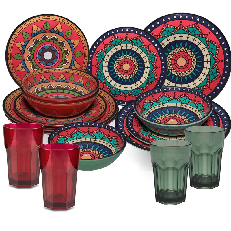Melamin Geschirr Set Toskana Deep für 4 Personen - 16 Teile Rot-Grün - Mandala-Optik mit farblich passenden Trinkgläsern 400 ml Campinggeschirr