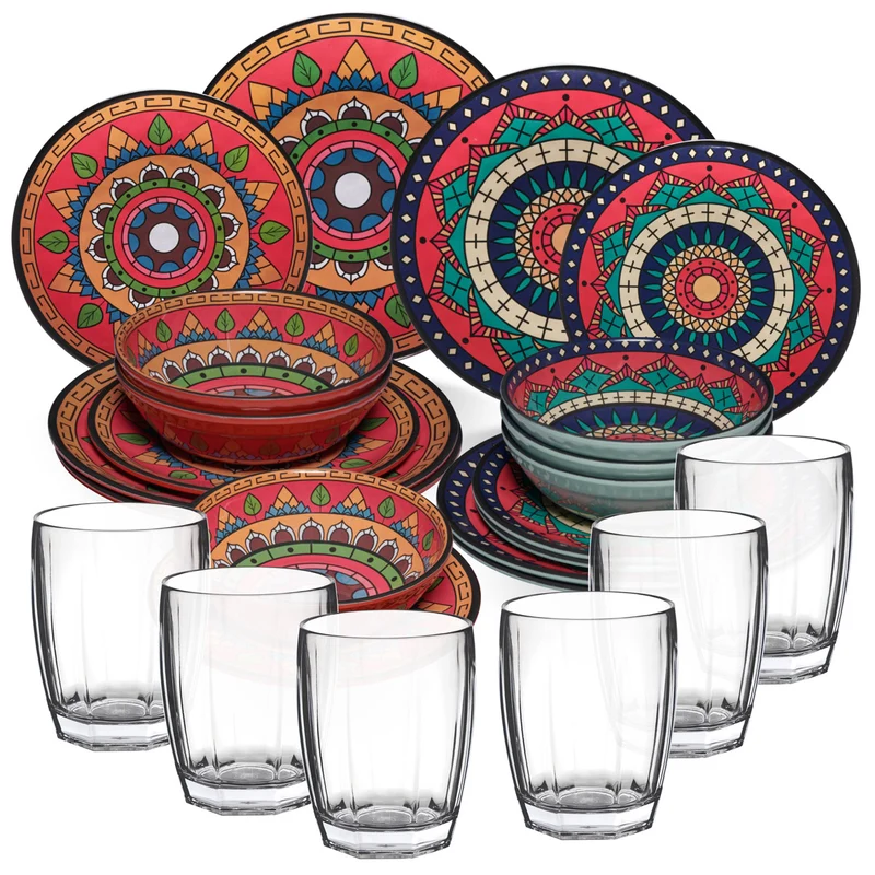 Melamin Geschirr Set Toskana Deep für 6 Personen - 24 Teile Rot-Grün - Mandala-Optik mit klaren Trinkgläsern 320 ml Essgeschirr Campinggeschirr