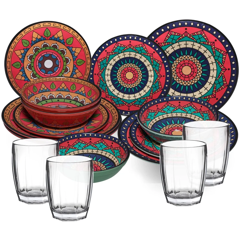 Melamin Geschirr Set Toskana Deep für 4 Personen - 16 Teile Rot-Grün - Mandala-Optik mit klaren Trinkgläsern 320 ml Campinggeschirr