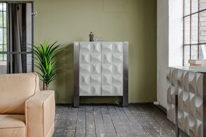 KAWOLA Highboard MARGO 2 Türen Ulme furniert grau Fuß Edelstahl gebürstet