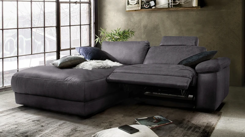 KAWOLA Sofa LOLA Ecksofa Stoff schwarz mit motorischer Relaxfunktion