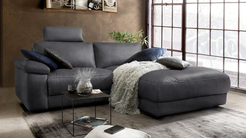 KAWOLA Sofa LOLA Ecksofa Stoff schwarz mit motorischer Relaxfunktion