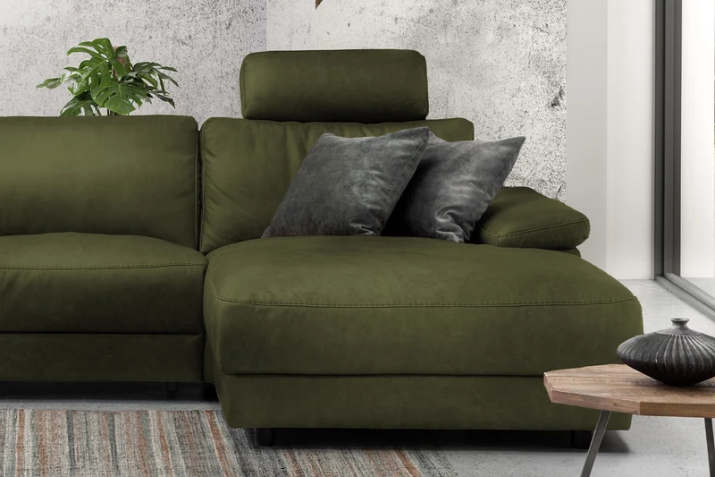 KAWOLA Sofa LOLA Ecksofa Stoff moosgrün mit motorischer Relaxfunktion