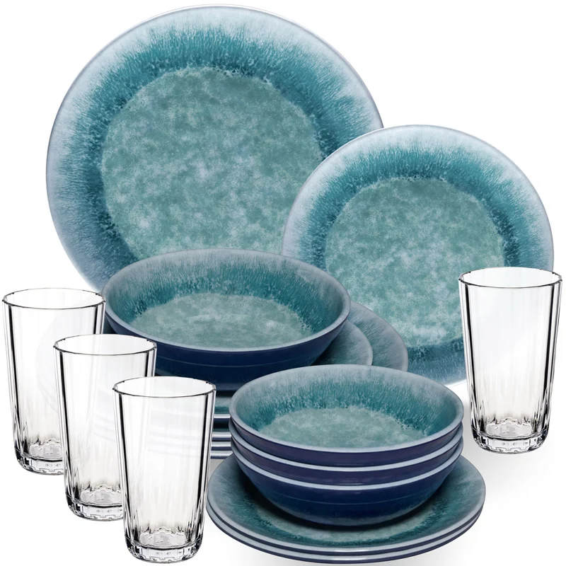 Melamin Geschirr Set Adria Blue für 4 Personen - 16 Teile Blau - mit klarem Trinkglas 300 ml aus Acryl Steingutoptikgeschirr