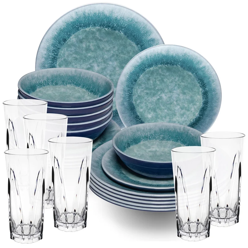 Melamin Geschirr Set Adria Blue für 6 Personen - 24 Teile Blau - mit klarem Trinkglas 450ml aus Acryl Steingutoptik Campinggeschirr