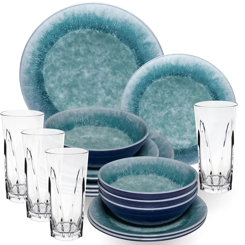 Melamin Geschirr Set Adria Blue für 4 Personen - 16 Teile Blau - mit klarem Trinkglas 450ml aus Acryl Steingutoptikgeschirr