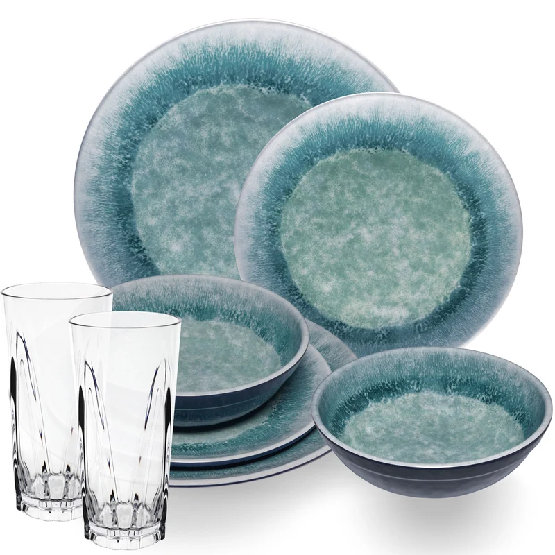 Melamin Geschirr Set Adria Blue für 2 Personen - 8 Teile Blau - mit klarem Trinkglas 450ml aus Acryl Steingutoptik Campinggeschirr Camping