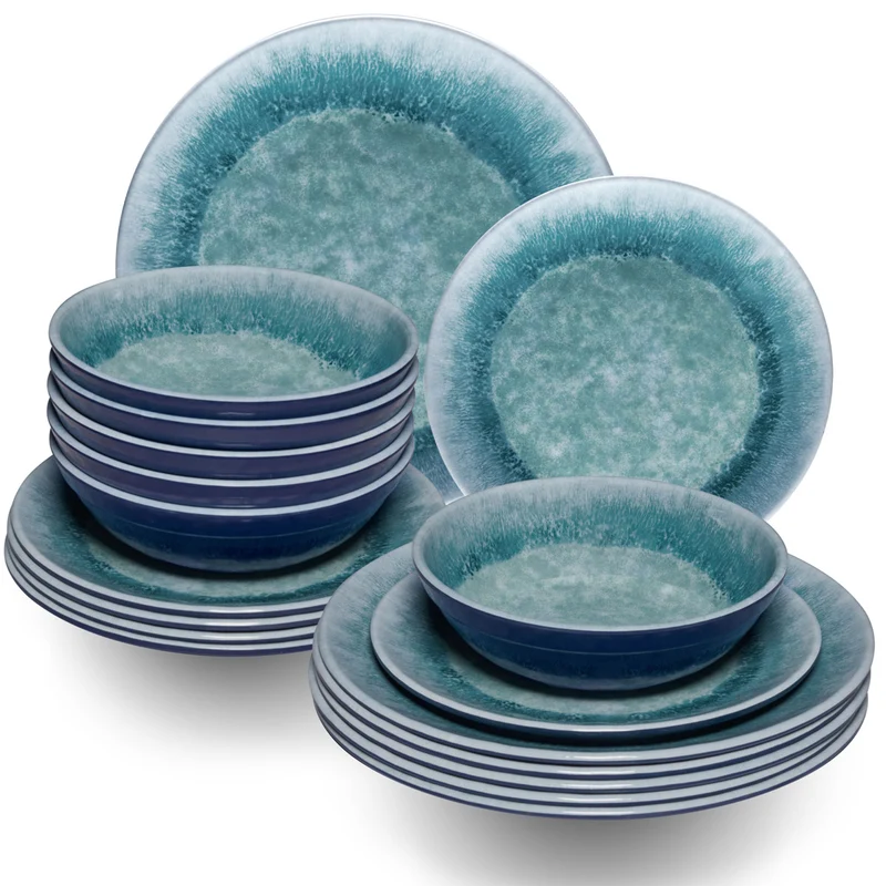 Melamin Geschirr Set Adria Blue für 6 Personen - 18 Teile Blau - Steingutoptik Essgeschirr Campinggeschirr