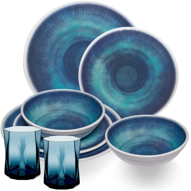 Melamin Geschirr Set Jesolo Blau für 2 Personen - 8 Teile - mit farblich passenden Trinkgläsern 300ml aus Acryl - Campinggeschirr
