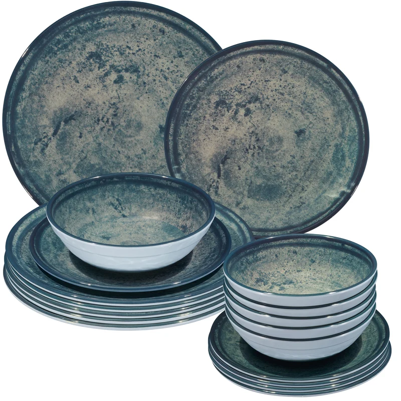 Melamin Geschirr Set Mondgranit Blau-Grau für 6 Personen - 18 Teile - Steingutoptik