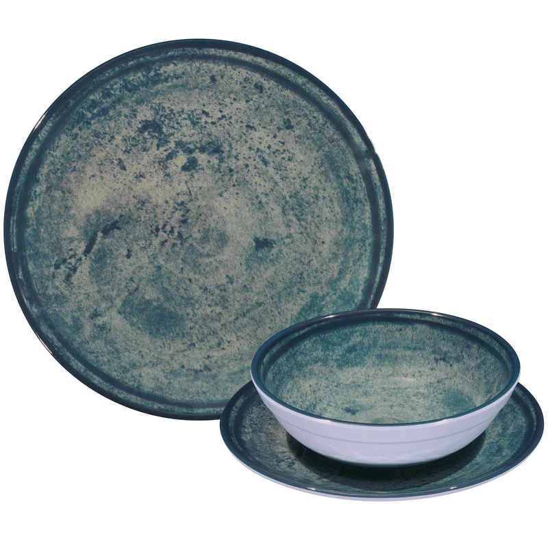 Melamin Geschirr Set Mondgranit Blau-Grau für 6 Personen - 18 Teile - Steingutoptik