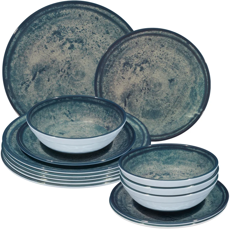 Melamin Geschirr Set Mondgranit Blau-Grau für 4 Personen - 12 Teile - Steingutoptik