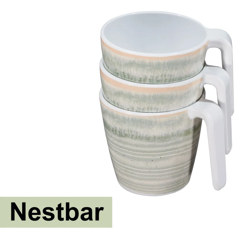 Melamin 6 Tassen 350 ml ideal für Camping - Smaragd Grün - Stapelbar - Steingutoptik Trinkbecher Kaffeetasse Kaffeebecher