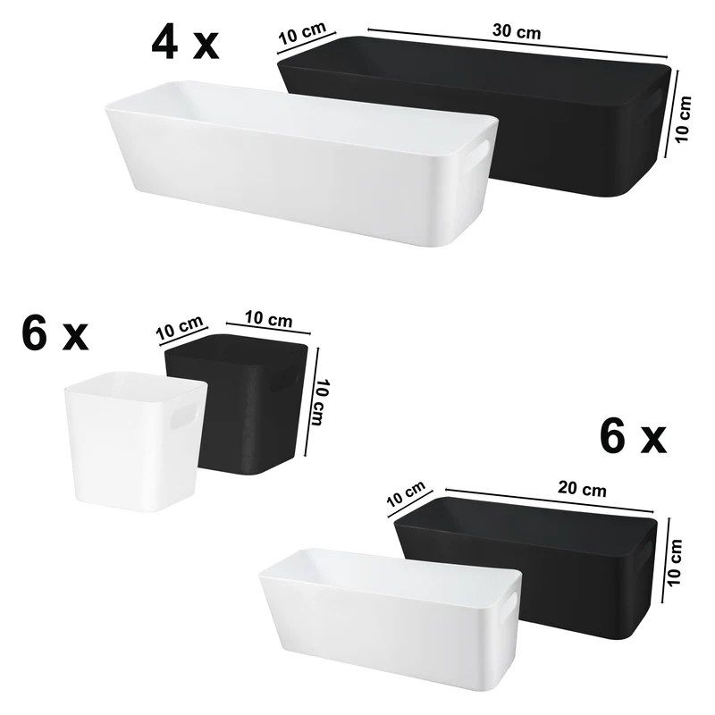 Schubladen Organizer 10 cm hoch - 16 Teile - weiß und schwarz - in 3 Größen - Schubladeneinsatz passend für 2 Schubladen von 30 x 50 cm