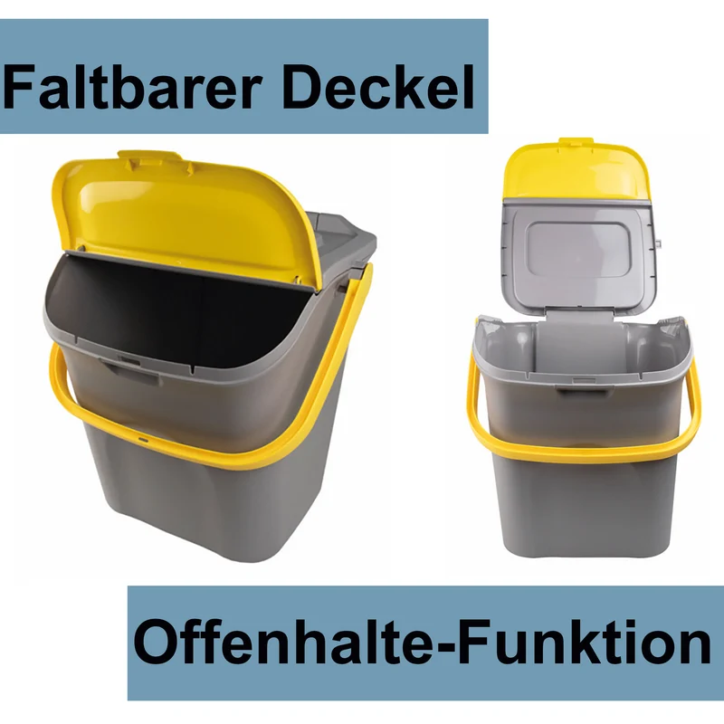 3x Stapelbarer Müllsortierer 28 Liter Grau mit Faltdeckel GELB GRÜN BLAU 39x37x41 cm Mülleimer Mülltonne Mülltrennsystem Recyclingtonne verschließbarer Deckel