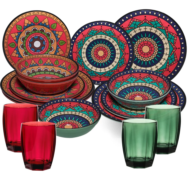 Melamin Geschirr Set Toskana Deep für 4 Personen - 16 Teile Rot-Grün - Mandala-Optik mit farblich passenden Trinkgläsern 320 ml Campinggeschirr