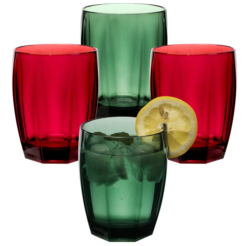Melamin Geschirr Set Toskana Deep für 4 Personen - 16 Teile Rot-Grün - Mandala-Optik mit farblich passenden Trinkgläsern 320 ml Campinggeschirr