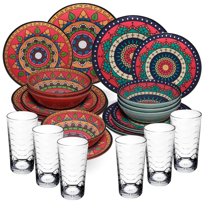 Melamin Geschirr Set Toskana Deep für 6 Personen - 24 Teile Rot-Grün - Mandala-Optik mit klaren Trinkgläsern 260 ml Essgeschirr Campinggeschirr