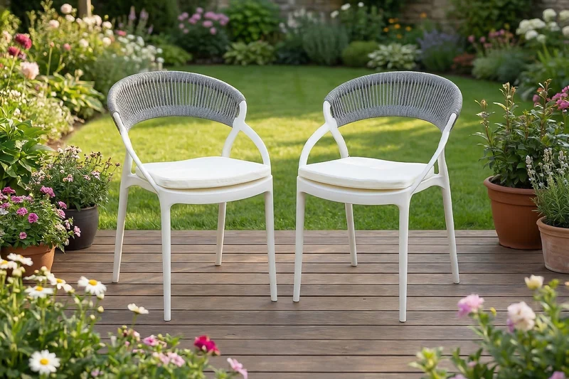 KAWOLA Gartenstuhl KISO Outdoor weiß mit Kissen Rückenlehne Rope grau