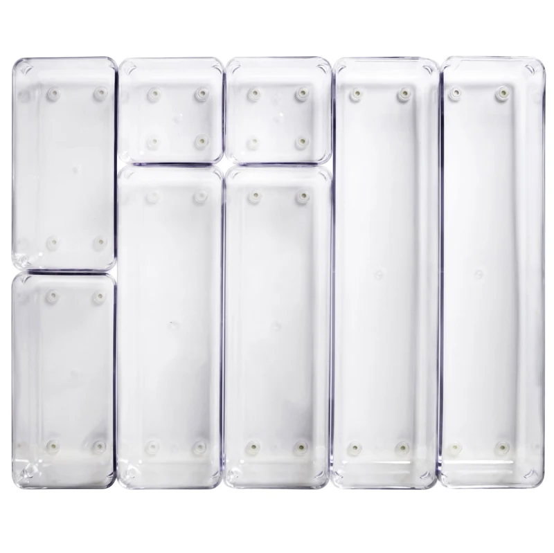 Schubladen Ordnungssystem 8 Teile 32x40 cm 4 Größen 5,5cm hoch klar transparent Antislip - Organizer für Schminktisch Kosmetik Bad Küche Kiste Besteck Aufbewahrungsbox Ordnungsbox Schubladeneinsatz