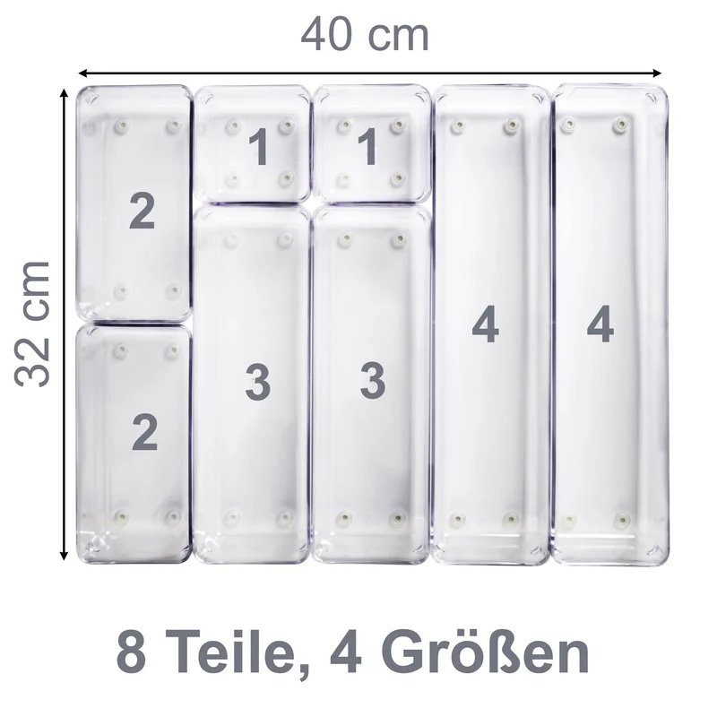 Schubladen Ordnungssystem 8 Teile 32x40 cm 4 Größen 5,5cm hoch klar transparent Antislip - Organizer für Schminktisch Kosmetik Bad Küche Kiste Besteck Aufbewahrungsbox Ordnungsbox Schubladeneinsatz