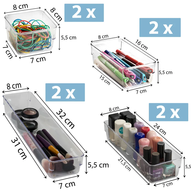 Schubladen Ordnungssystem 8 Teile 32x40 cm 4 Größen 5,5cm hoch klar transparent Antislip - Organizer für Schminktisch Kosmetik Bad Küche Kiste Besteck Aufbewahrungsbox Ordnungsbox Schubladeneinsatz