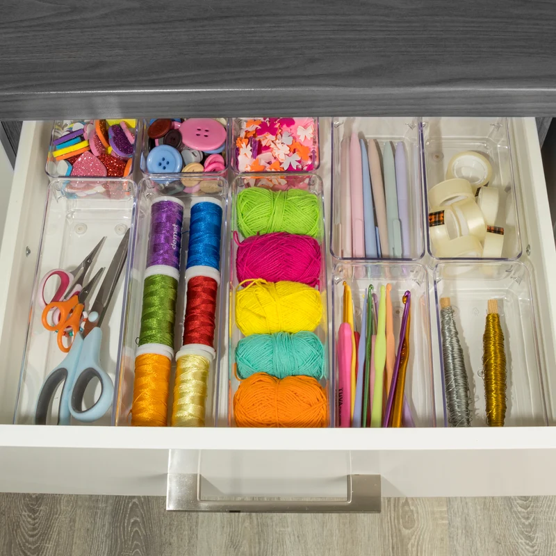 Schubladen Ordnungssystem 8 Teile 32x40 cm 4 Größen 5,5cm hoch klar transparent Antislip - Organizer für Schminktisch Kosmetik Bad Küche Kiste Besteck Aufbewahrungsbox Ordnungsbox Schubladeneinsatz