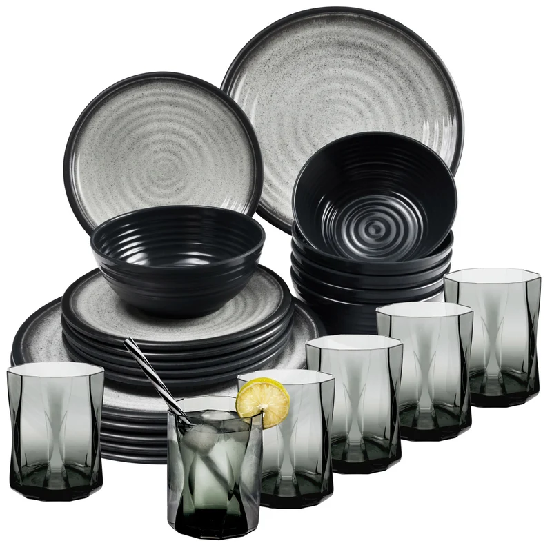 Melamin Geschirr Set für 6 Personen Grau Granit-Optik 24 Teile - mit grauen Trinkgläsern 300 ml - Campinggeschirr Geschirrset Tafelgeschirr - Spülmaschinengeeignet Tableware Outdoor Camping
