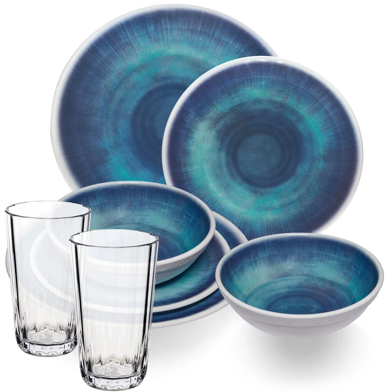 Melamin Geschirr Set Jesolo Blau für 2 Personen - 8 Teile - mit klarem Trinkglas 300ml - aus Acryl Steingutoptik Campinggeschirr