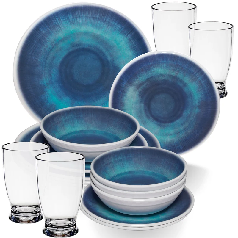 Melamin Geschirr Set Jesolo Blau für 4 Personen - 16 Teile - mit klarem Trinkglas 380ml - aus Acryl Steingutoptik Campinggeschirr