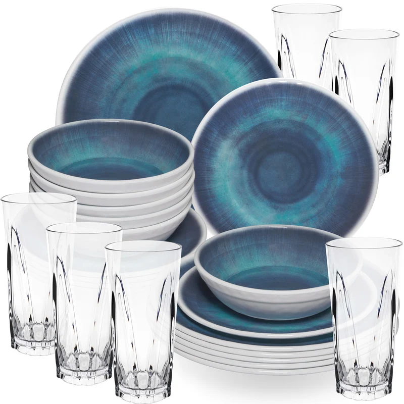 Melamin Geschirr Set Jesolo Blau für 6 Personen - 24 Teile - mit klarem Trinkglas 450ml - aus Acryl Steingutoptik Campinggeschirr
