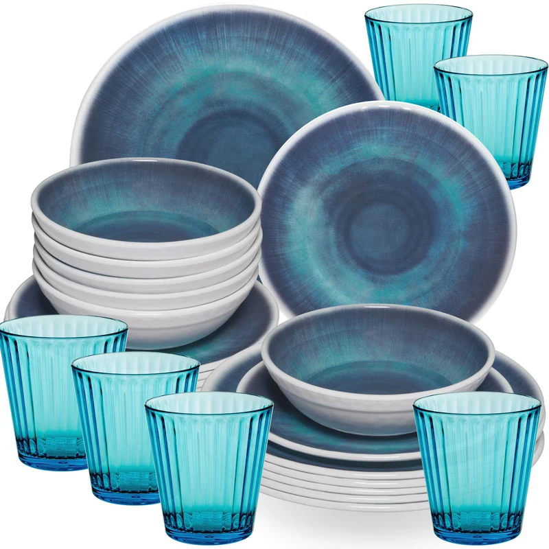 Melamin Geschirr Set Jesolo Blau für 6 Personen - 24 Teile - mit farblich passenden Trinkgläsern 360ml aus Acryl Campinggeschirr