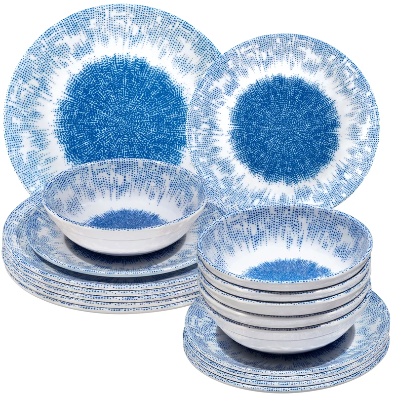 Melamin Geschirr Set Wish Flower Blau für 6 Personen - 18 Teile - Pusteblume Steingutoptik