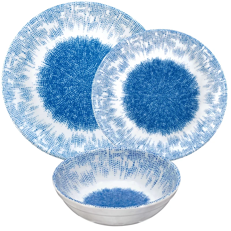 Melamin Geschirr Set Wish Flower Blau für 6 Personen - 18 Teile - Pusteblume Steingutoptik
