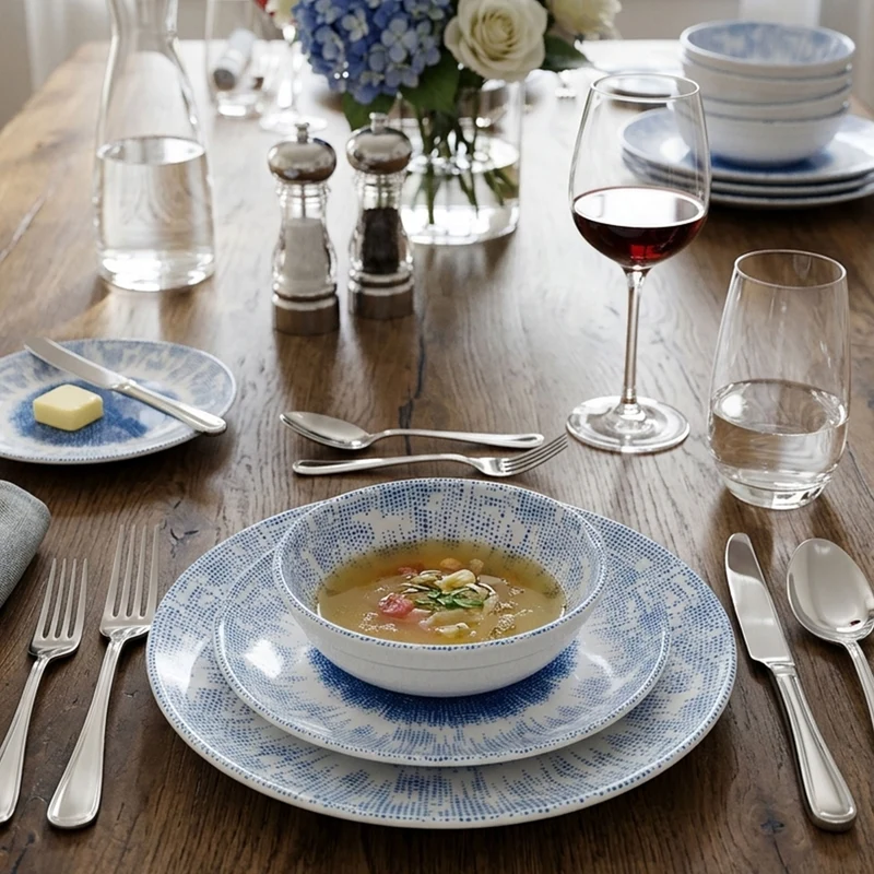Melamin Geschirr Set Wish Flower Blau für 4 Personen - 12 Teile - Pusteblume Steingutoptik