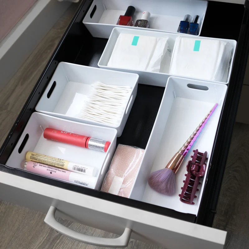 Schubladen Ordnungssystem - 6 cm hoch - 8 Teile in 2 Größen - für 50x50 cm Schublade Aufbewahrungsbox weiß - Organizer