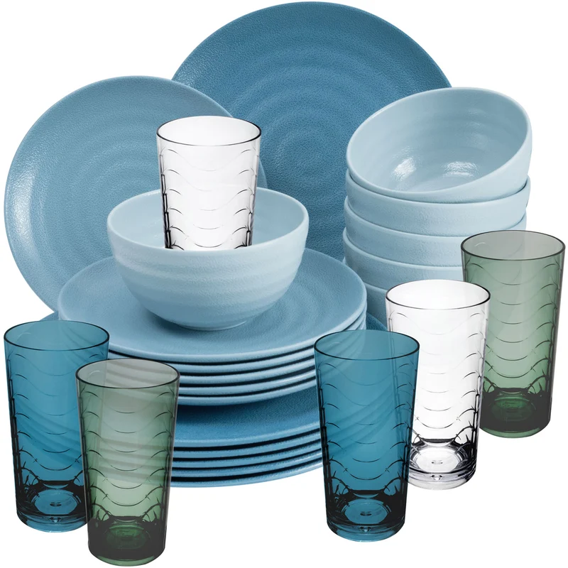 Melamin Geschirr Set 24 Teile elegante Steingut Optik in blau mit Wasserglas 260ml bunt - für 6 Personen Essgeschirr Gläser Wasserglas Tumbler Whiskey - Campinggeschirr Picknick ideal Camping modern Outdoor