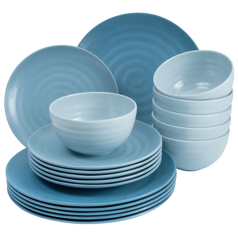 Melamin Geschirr Set 24 Teile elegante Steingut Optik in blau mit Wasserglas 260ml bunt - für 6 Personen Essgeschirr Gläser Wasserglas Tumbler Whiskey - Campinggeschirr Picknick ideal Camping modern Outdoor