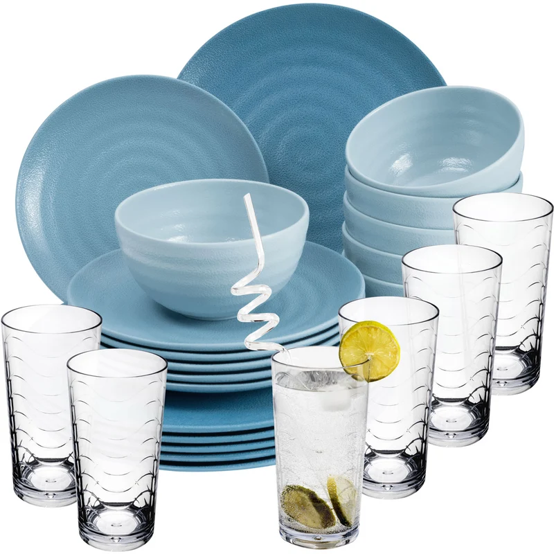 Melamin Geschirr Set 24 Teile elegante Steingut Optik in blau mit Wasserglas 260ml klar - für 6 Personen Essgeschirr Gläser Wasserglas Tumbler Whiskey - Campinggeschirr Picknick ideal Camping modern Outdoor
