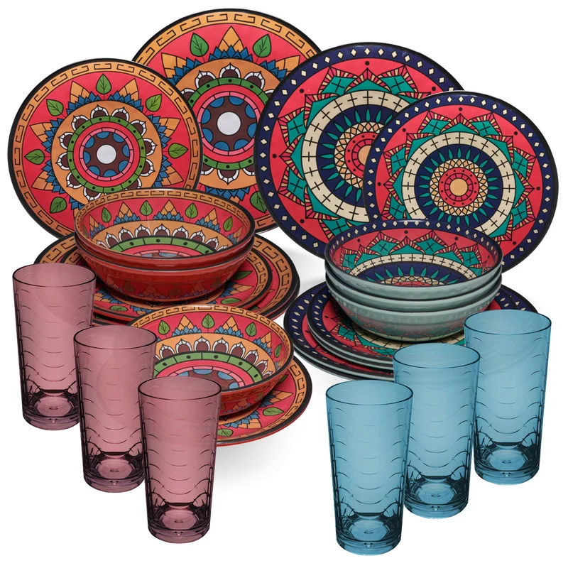 Melamin Geschirr Set Toskana Deep für 6 Personen - 24 Teile Rot-Grün - Mandala-Optik mit farblich passenden Trinkgläsern 260 ml Campinggeschirr