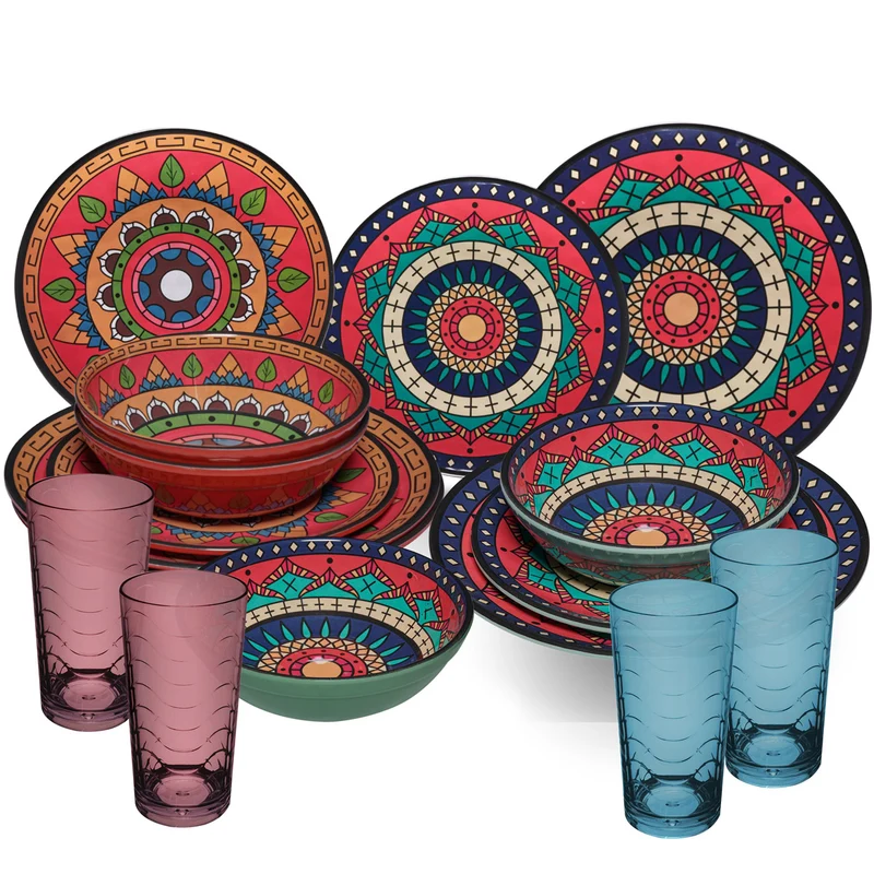 Melamin Geschirr Set Toskana Deep für 4 Personen - 16 Teile Rot-Grün - Mandala-Optik mit farblich passenden Trinkgläsern 260 ml Campinggeschirr