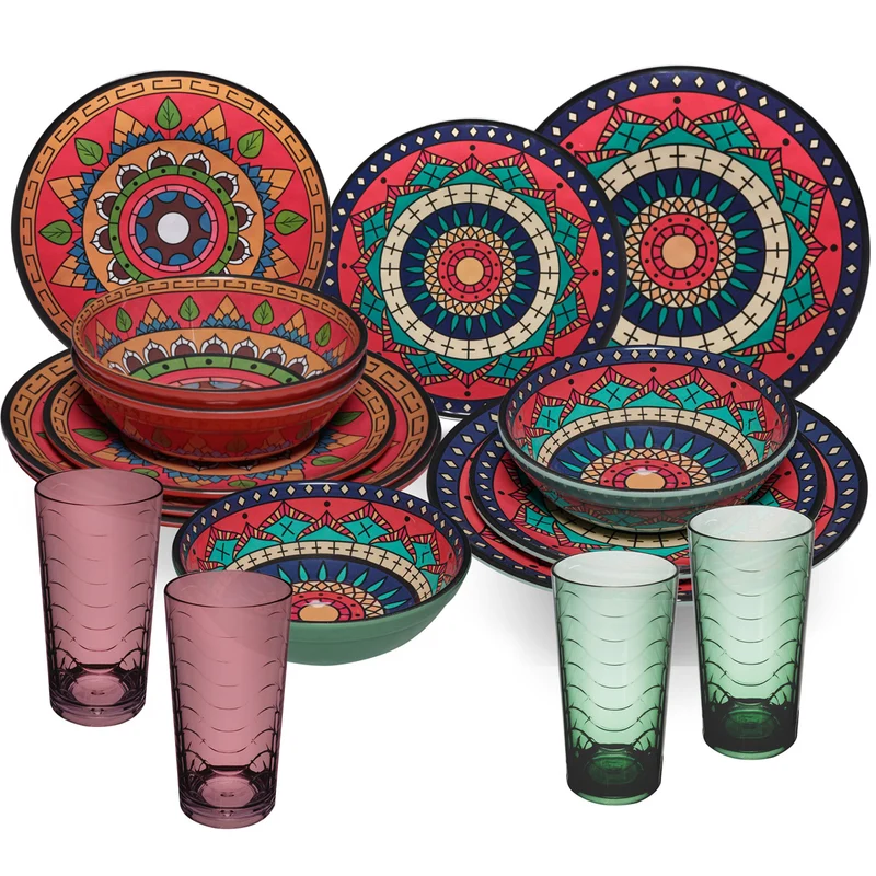 Melamin Geschirr Set Toskana Deep für 4 Personen - 16 Teile Rot-Grün - Mandala-Optik mit farblich passenden Trinkgläsern 260 ml Campinggeschirr