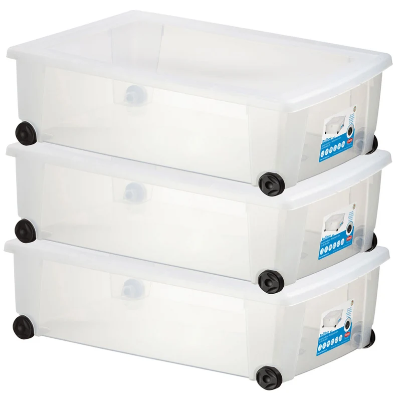 3 x Unterbettkommode - Aufbewahrungsbox mit Deckel Rollen 30 Liter 59x39x18 cm transparent stapelbar LEBENSMITTELECHT - Rollbox Kunststoff Box Kiste - Plastik Organizer Büro Haushalt Kinderzimmer
