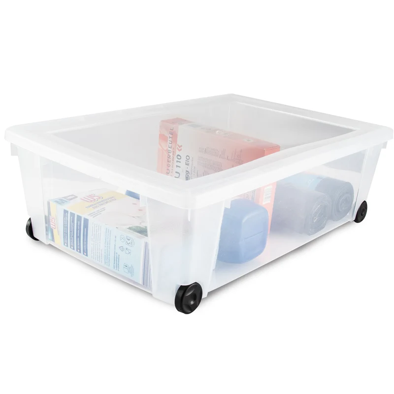 3 x Unterbettkommode - Aufbewahrungsbox mit Deckel Rollen 30 Liter 59x39x18 cm transparent stapelbar LEBENSMITTELECHT - Rollbox Kunststoff Box Kiste - Plastik Organizer Büro Haushalt Kinderzimmer